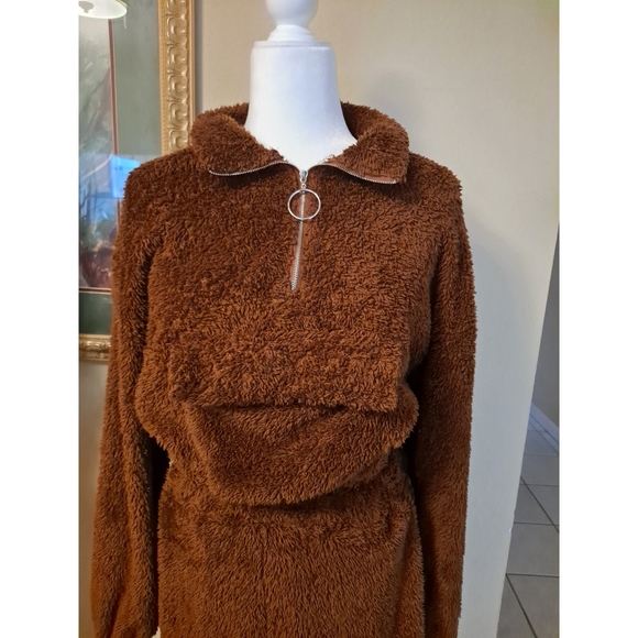 Drop shoulder half zipper placket teddy pullover & pants set ☕ - Picture 2 of 7